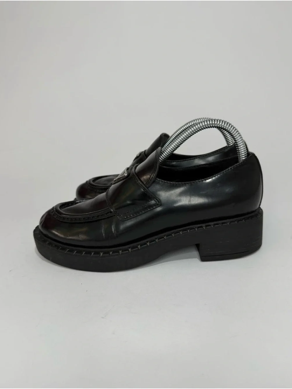 Prada Black Leather Loafers with Silver Triangle Logos - Picture 3 of 6